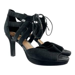 Clarks Suede Lace-Up Peep Toe Platform Heels Black Women’s Size 8 / EU 39